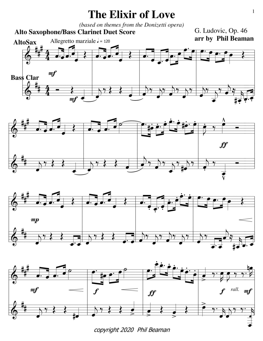 The Elixir of Love-alto sax-bass clarinet duet Clarinet Duet scores gallery preview page 1