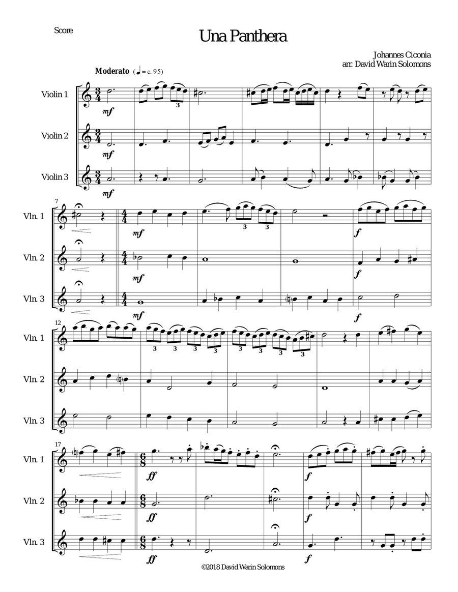 Una panthera in compagnia de Marte (A Panther in company of Mars) arranged for 3 violins Violin Solo scores gallery preview page 1