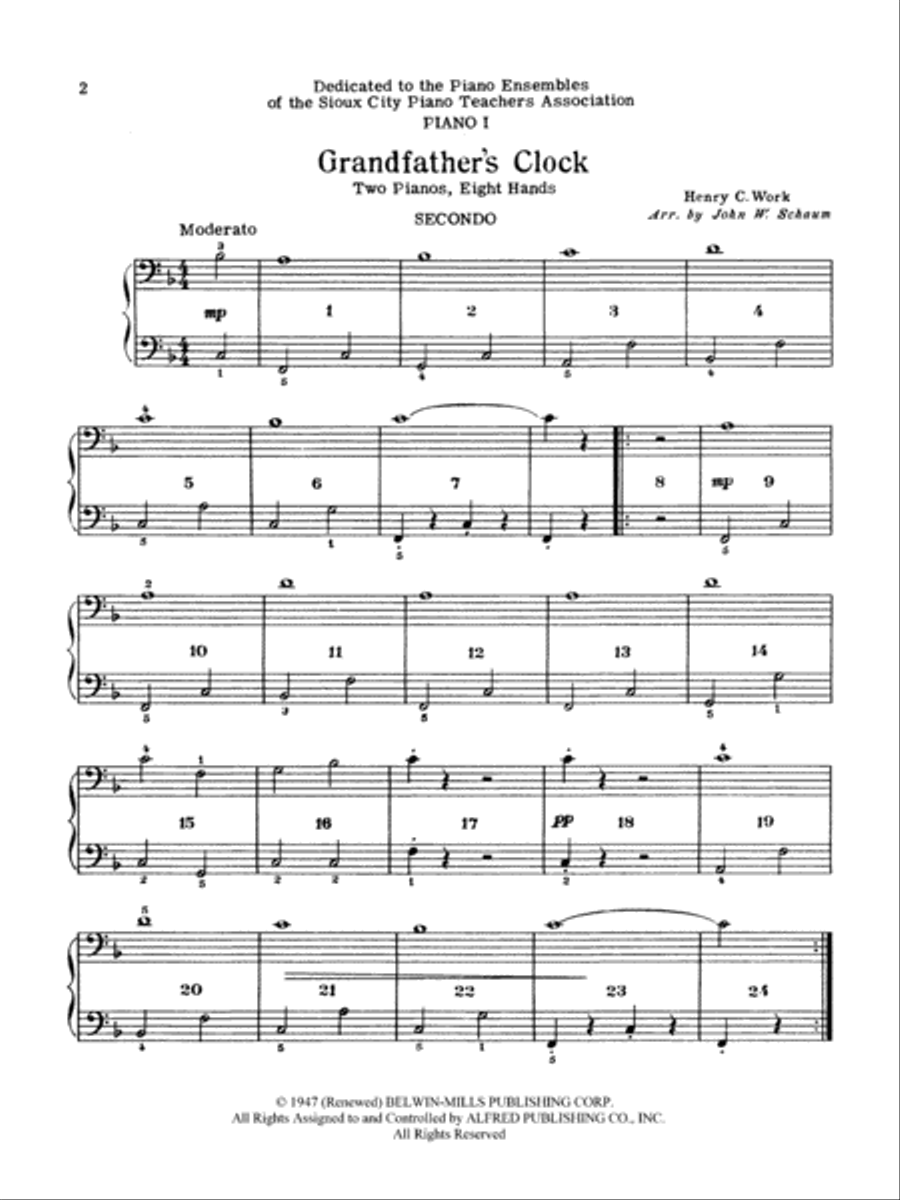 Grandfather's Clock - Piano Quartet (2 Pianos, 8 Hands) Cello scores gallery preview page 1