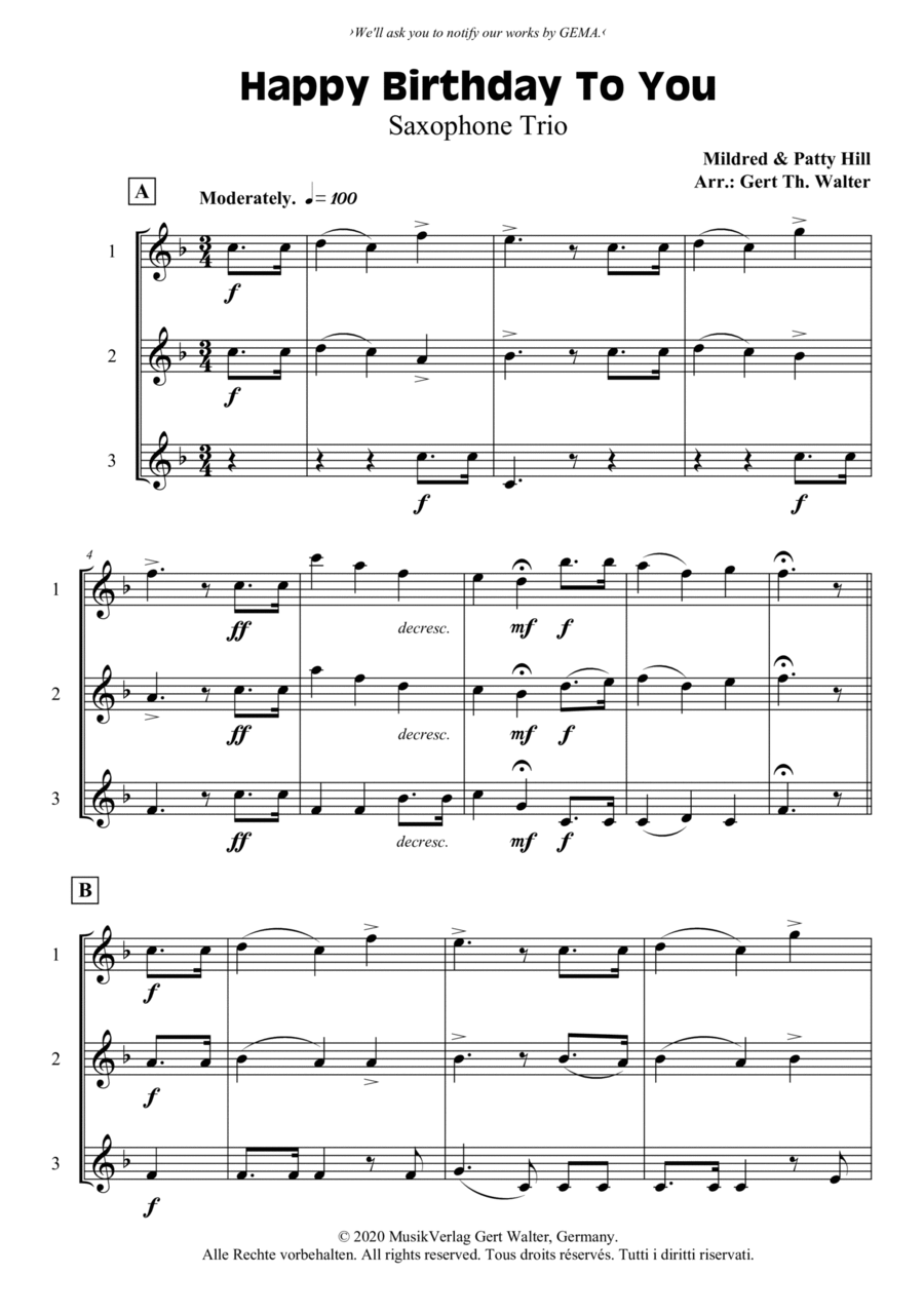 Happy Birthday To You Woodwind Trio scores gallery preview page 1