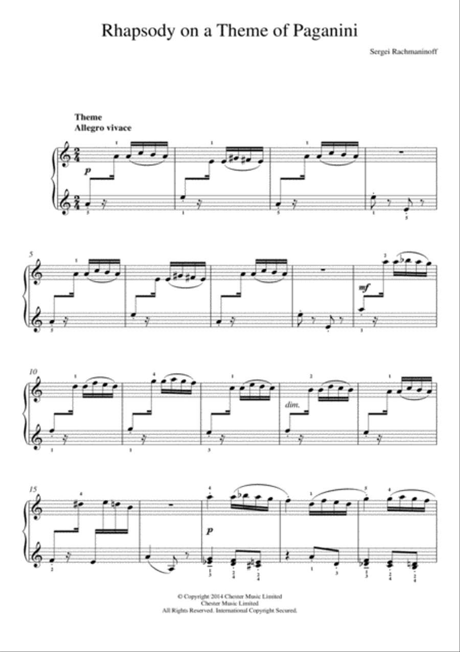 Rhapsody on a Theme of Paganini Easy Piano scores gallery preview page 1