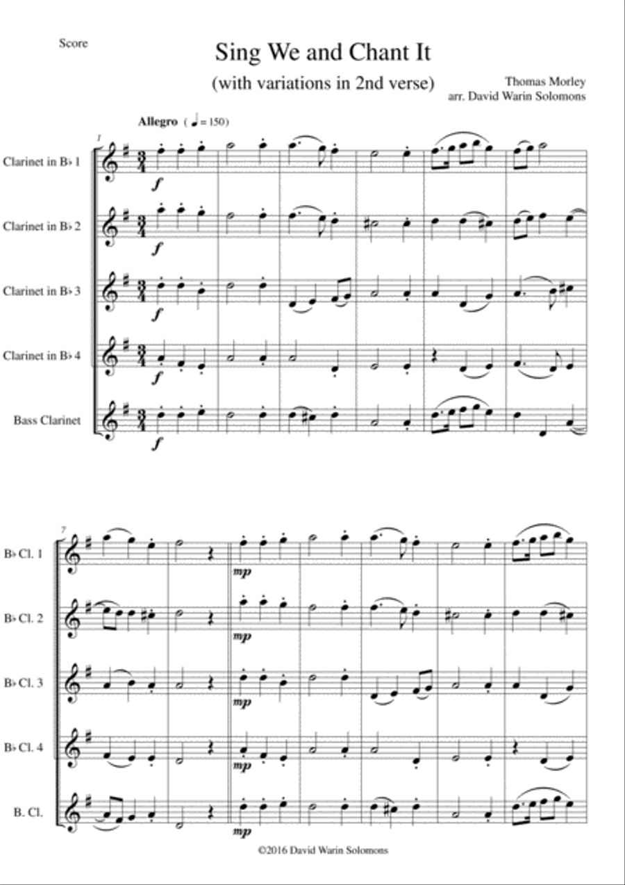 Sing we and chant it (with variations) for clarinet quintet (4 B flats and 1 bass) Clarinet Quintet scores gallery preview page 1