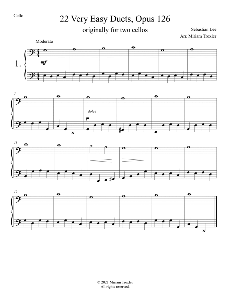 Sebastian Lee 22 Easy Duets Op. 126 for Two Cellos String Duet scores gallery preview page 1