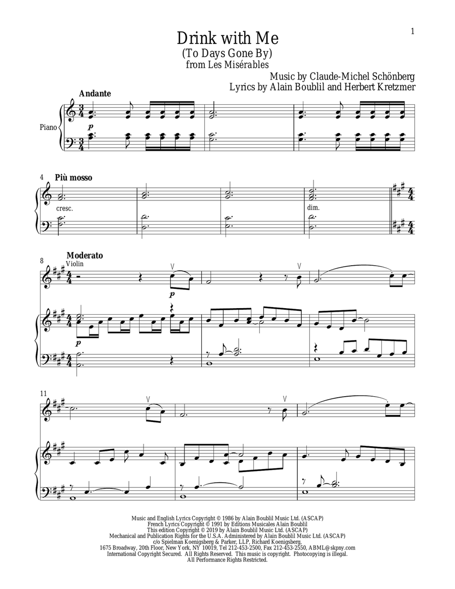 Drink With Me (To Days Gone By) (from Les Miserables) Violin Solo scores gallery preview page 1