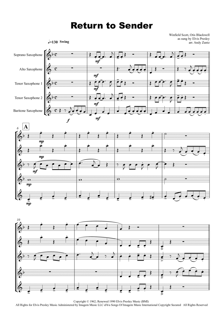 Return To Sender by Elvis Presley Saxophone Quintet - Digital Sheet Music