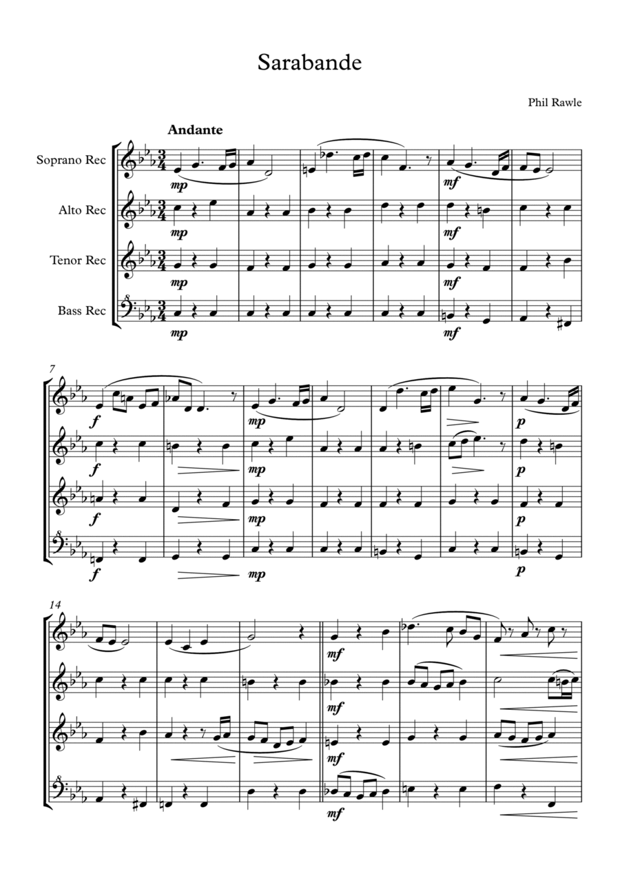 Sarabande - Recorder Quartet Chamber Music scores gallery preview page 1