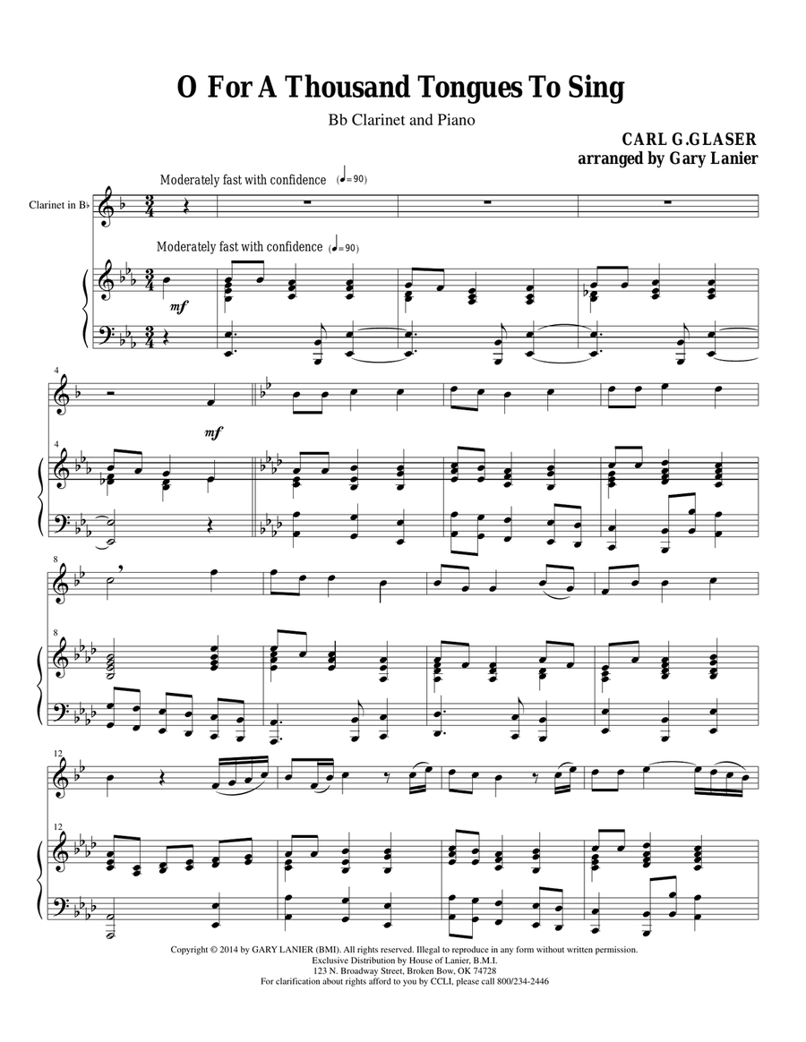 O FOR A THOUSAND TONGUES TO SING (Bb Clarinet Piano and Clar Part) B-Flat Clarinet scores gallery preview page 1