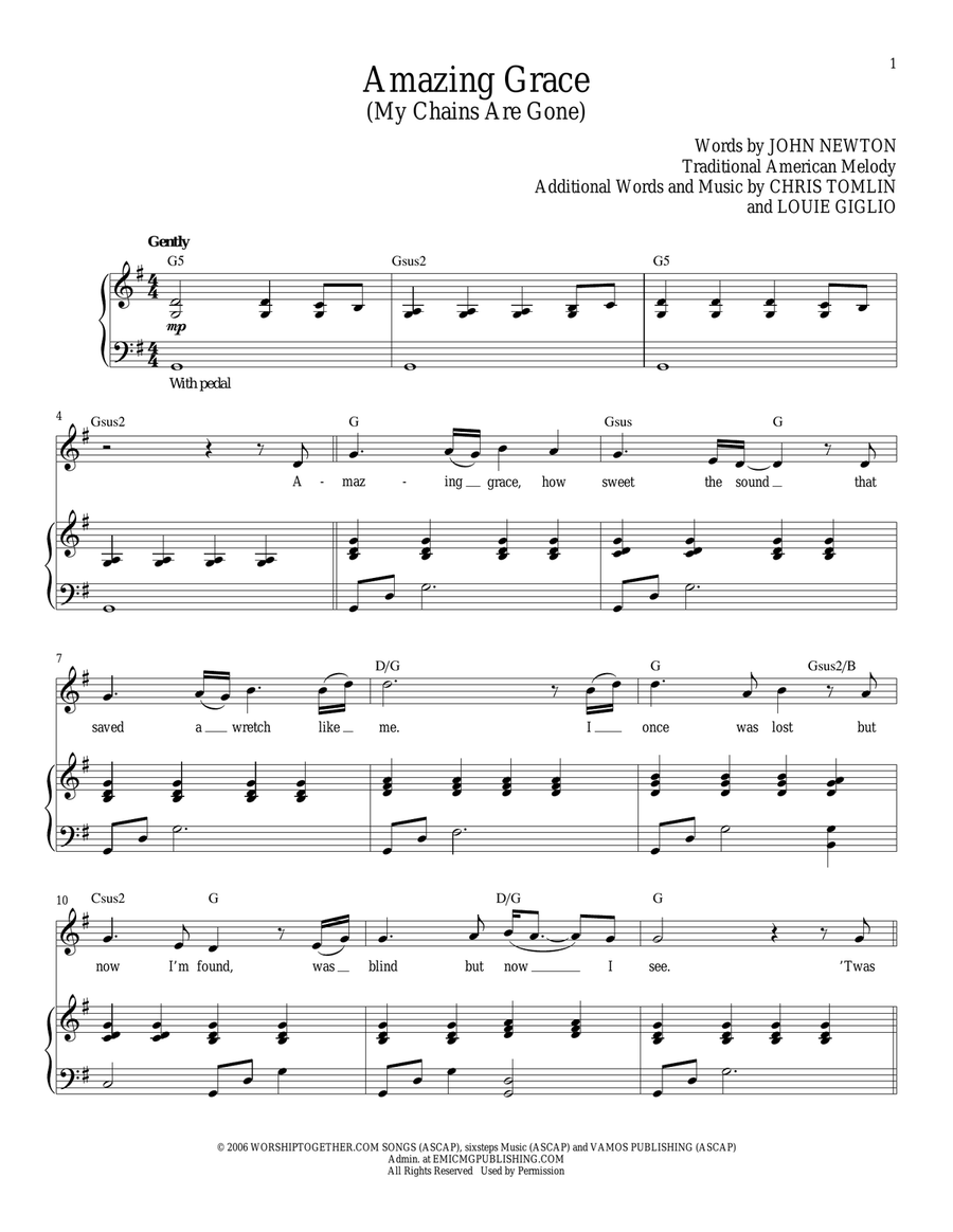 Amazing Grace (My Chains Are Gone) Piano, Vocal scores gallery preview page 1