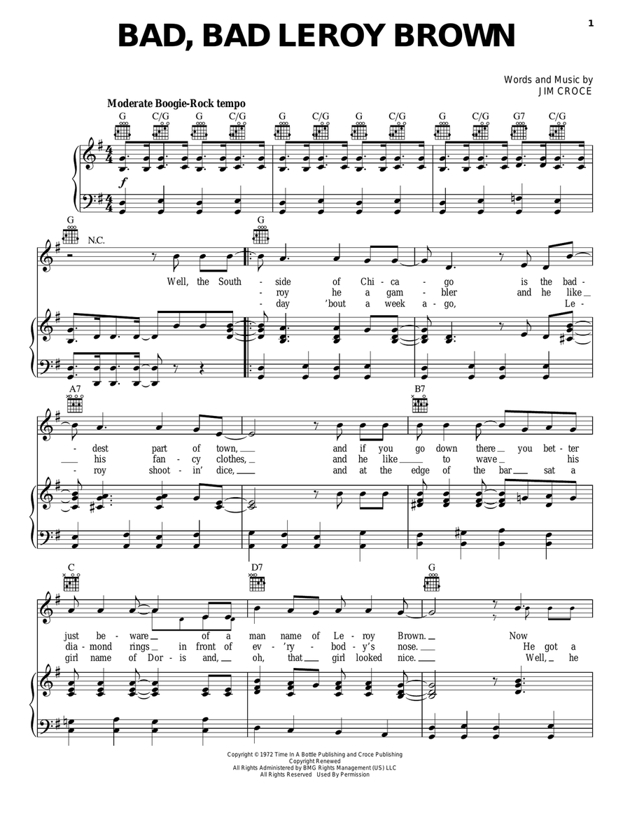 Bad, Bad Leroy Brown Bad, Bad Leroy Brown Piano, Vocal, Guitar scores gallery preview page 1
