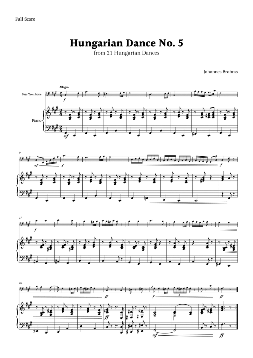 Hungarian Dance No. 5 by Brahms for Bass Trombone and Piano image number null