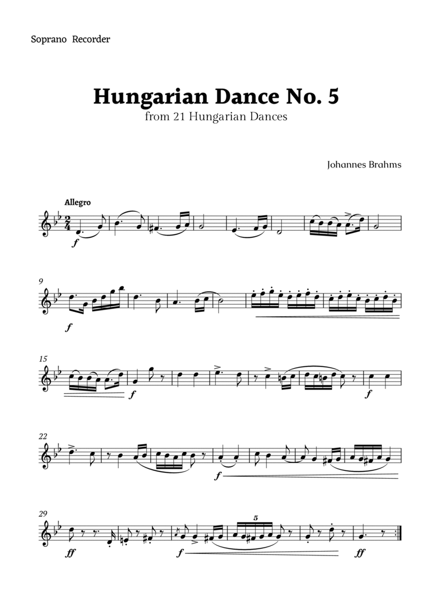 Hungarian Dance No. 5 by Brahms for Soprano Recorder Solo image number null