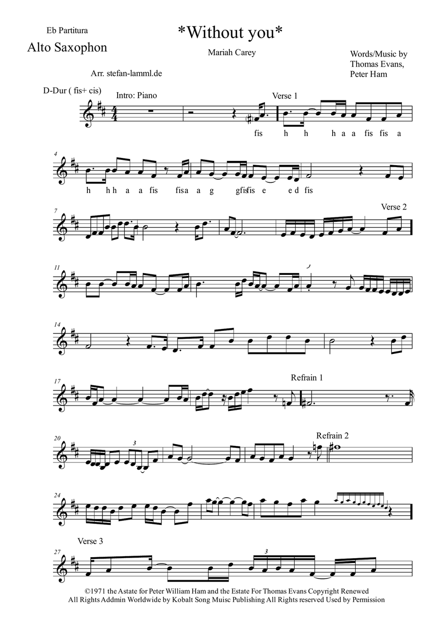 Without You Alto Saxophone scores gallery preview page 1