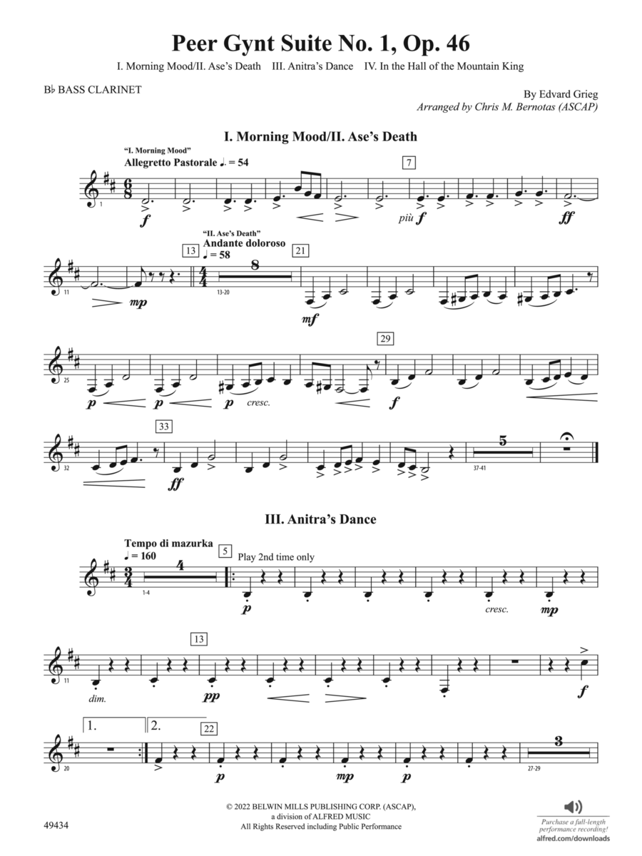 Peer Gynt Suite No.1, Op. 46: B-flat Bass Clarinet Full Orchestra scores gallery preview page 1