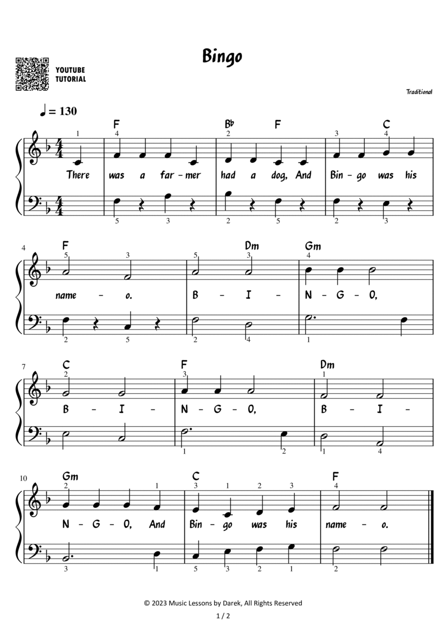 Bingo – Traditional Children Song [EASY] Easy Piano scores gallery preview page 1