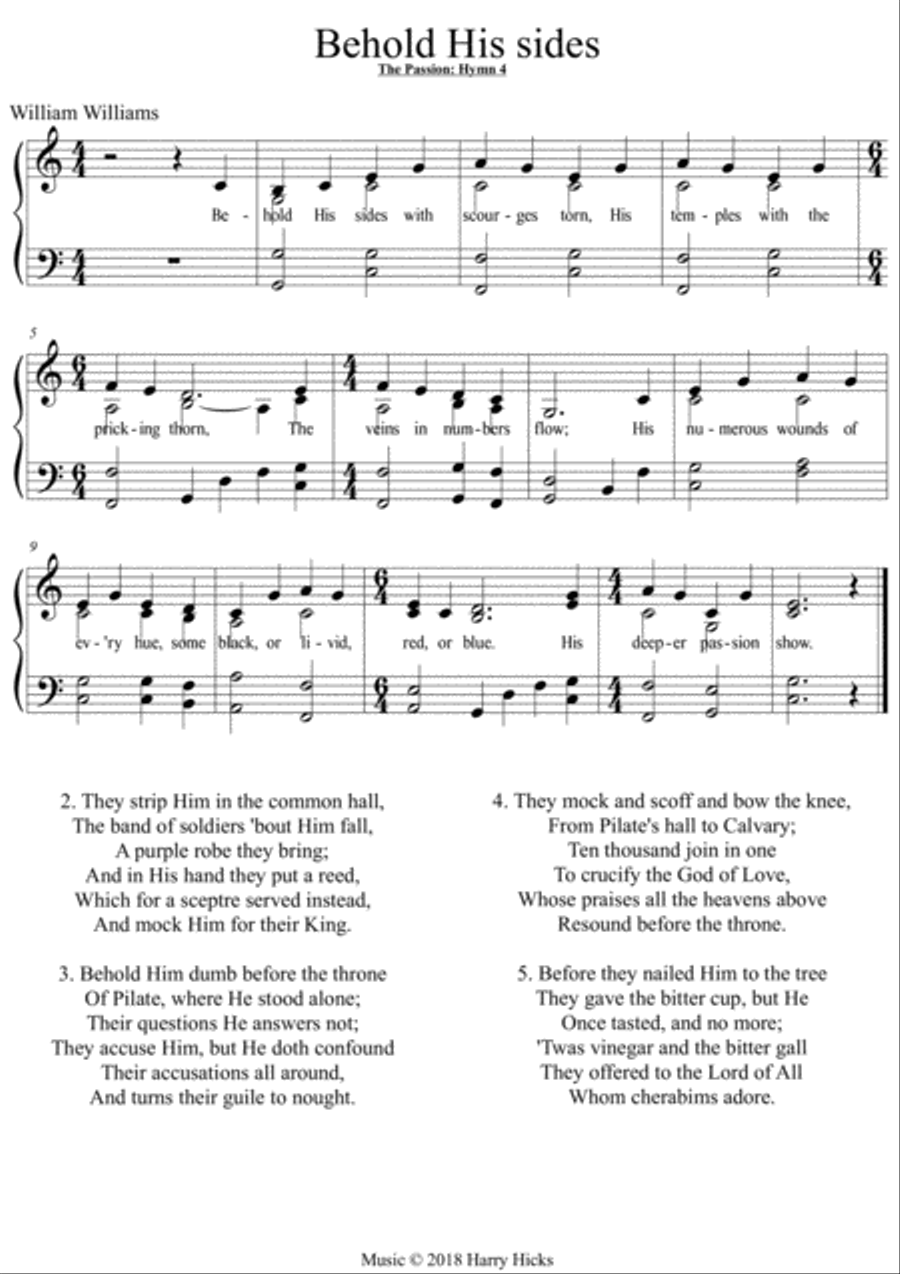 Behold His sides (The Passion). A new tune to William Williams's wonderful hymn. Unison Choir scores gallery preview page 1