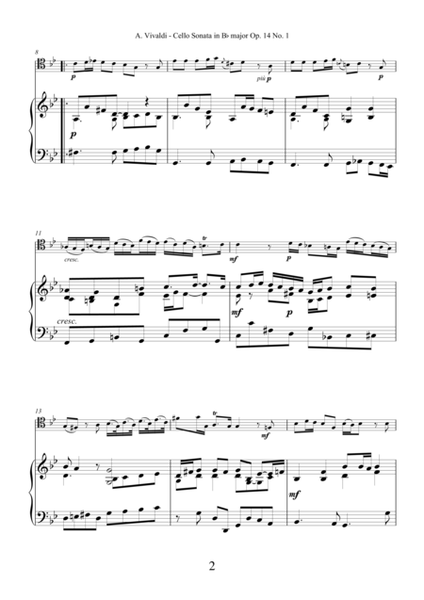 Sonata in Bb major Op.14 No.1 by Antonio Vivaldi for cello and piano