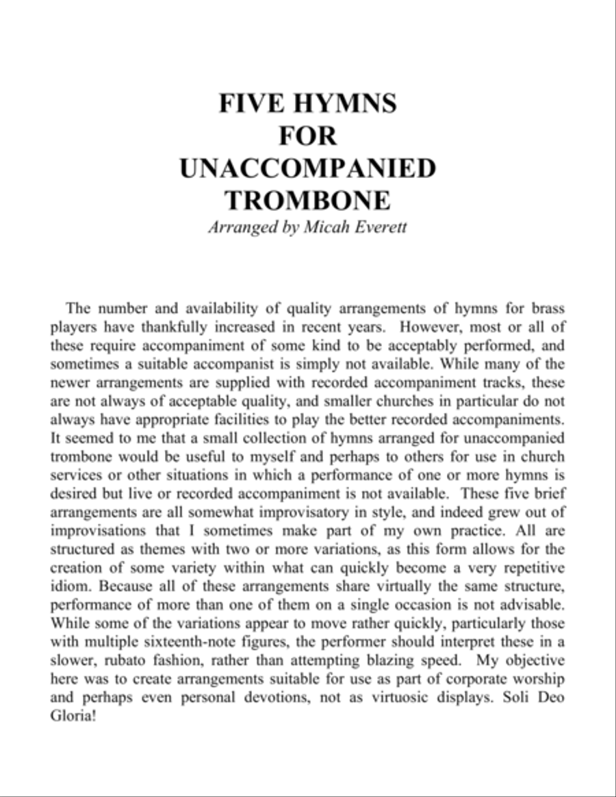 Five Hymns for Unaccompanied Trombone Trombone Solo scores gallery preview page 1