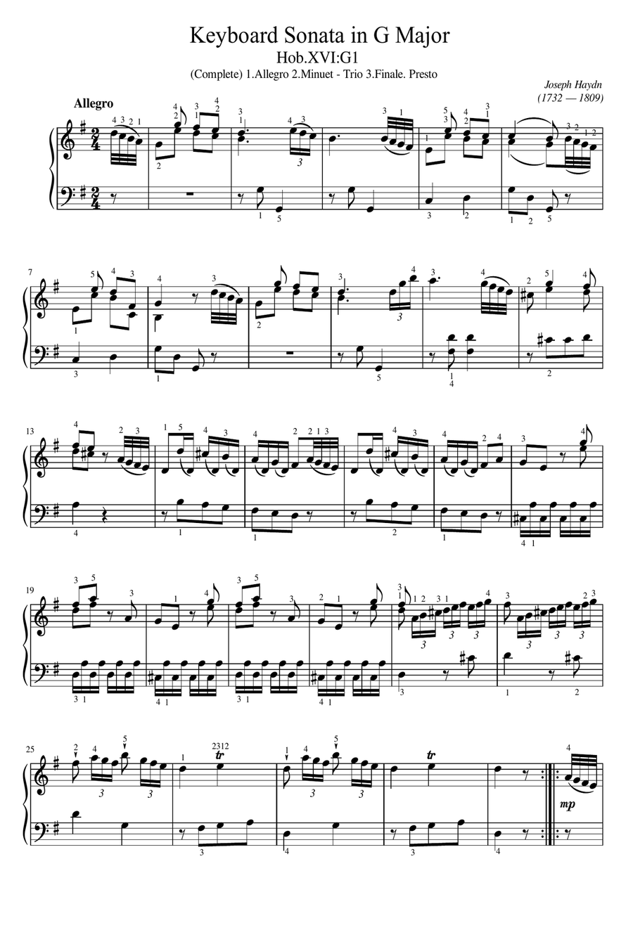 Haydn - Keyboard Sonata in G major, Hob.XVI:G1 - Original (fingered) For Piano Solo Complete Piano Solo scores gallery preview page 1