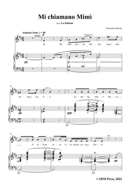 Puccini-Mi chiamano Mimì(Sì,mi chiamano Mimì),in D Major,from 'La bohème,SC 67',for Voice and Piano
