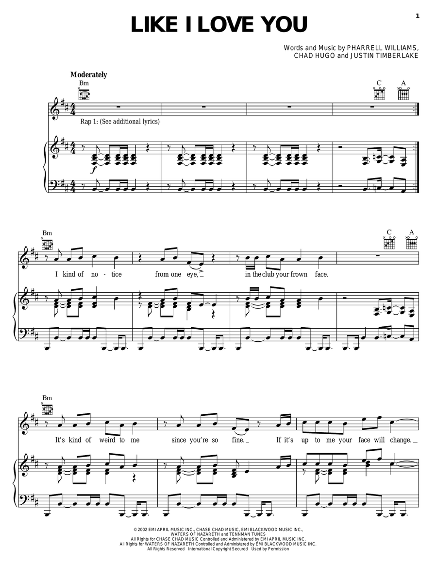 Like I Love You Piano, Vocal, Guitar scores gallery preview page 1