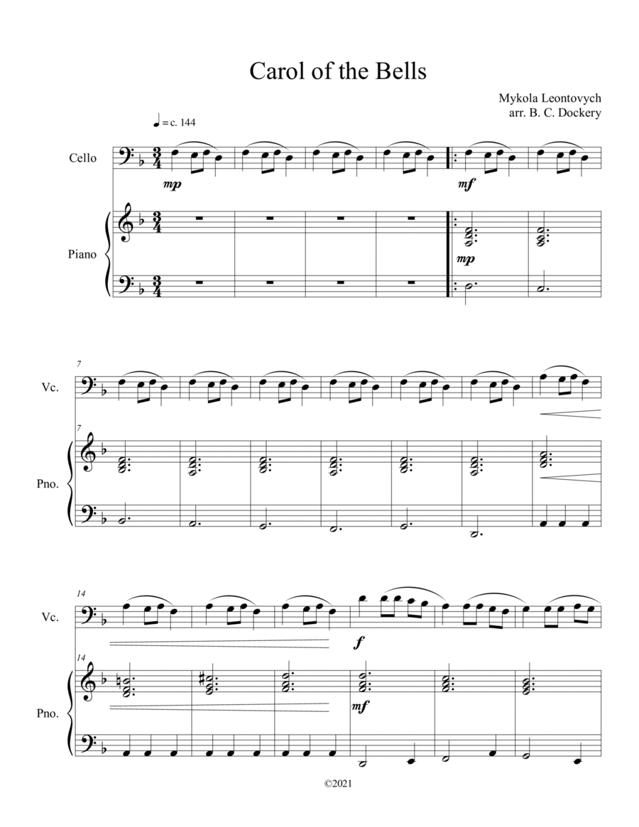 Carol of the Bells (Cello Solo with Piano Accompaniment) Piano scores gallery preview page 1