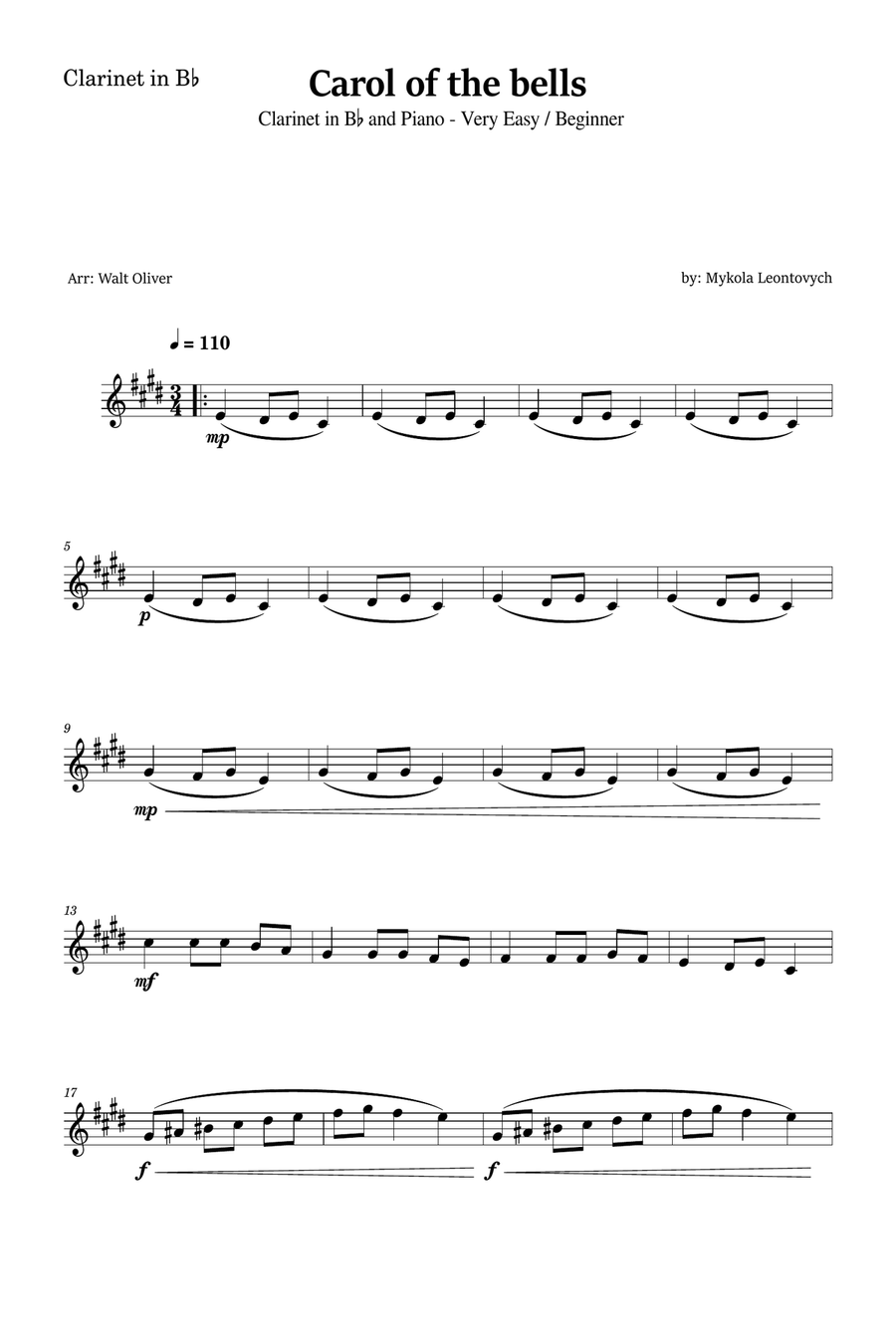 Carol of the Bells for Bb Clarinet and Piano (Very Easy - Beginner) in B minor - With Chords B-Flat Clarinet scores gallery preview page 4