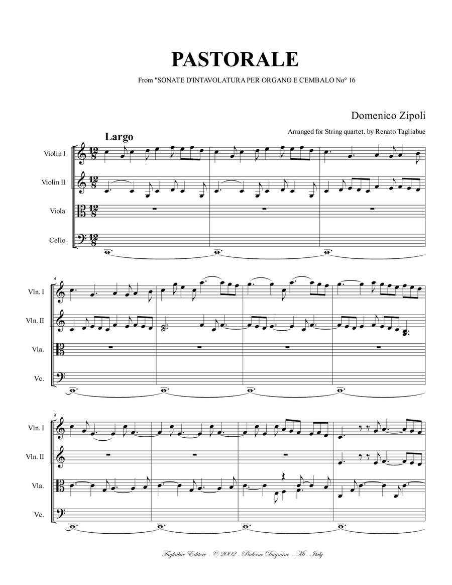 PASTORALE from "Sonate d'intavolatura per Organo e Cembalo. Arr. for String quartet. With Parts image number null