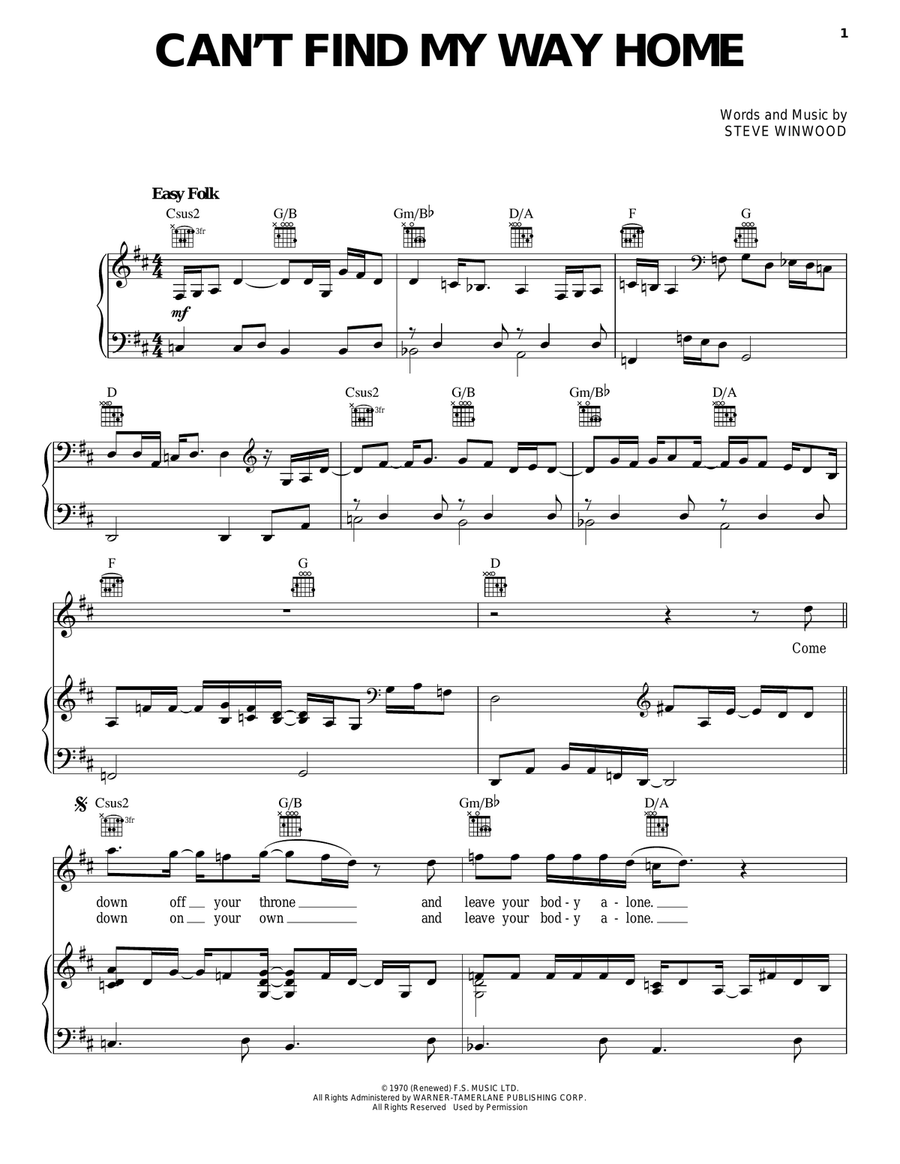 Can't Find My Way Home Piano, Vocal, Guitar scores gallery preview page 1