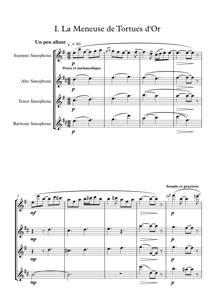 Histoires: La meneuse de tortues d'or (The Leader of the Golden Tortoises) - for saxophone quartet ( Histoires: La meneuse de tortues d'or (The Leader of the Golden Tortoises) - for saxophone quartet ( Saxophone Quartet scores gallery preview page 1