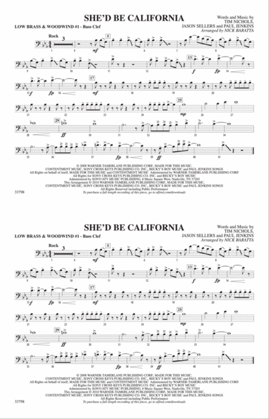 She'd Be California: Low Brass & Woodwinds #1 - Bass Clef Marching Band scores gallery preview page 1
