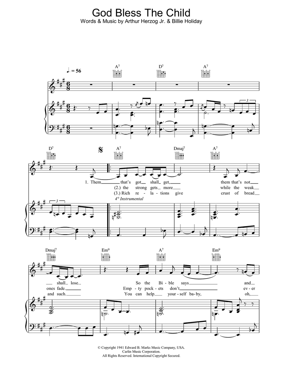 God Bless The Child Piano, Vocal, Guitar scores gallery preview page 1