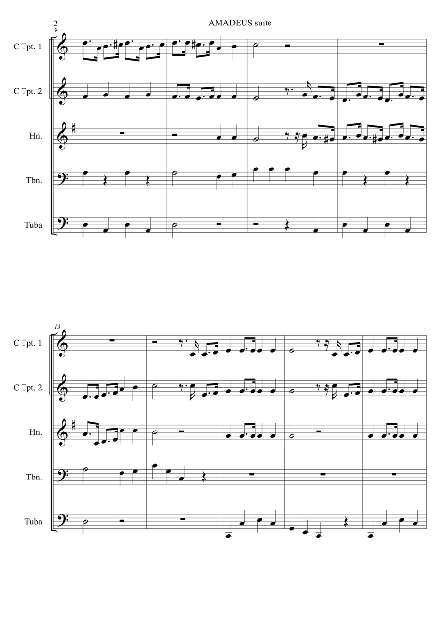 AMADEUS suite - 5. Ecco la marcia from Act 3 of LE NOZZE DI FIGARO Brass Ensemble scores gallery preview page 3