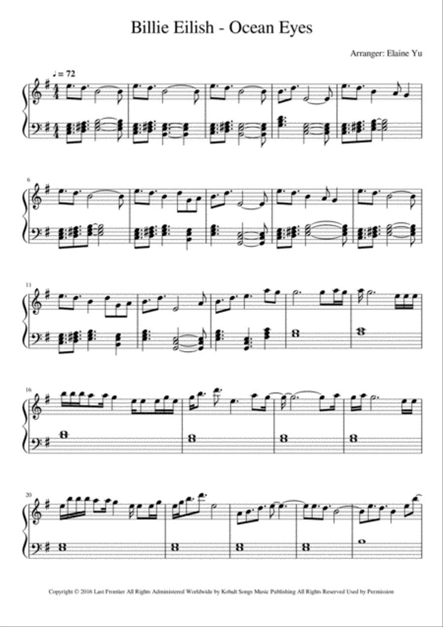 Ocean Eyes Easy Piano scores gallery preview page 1