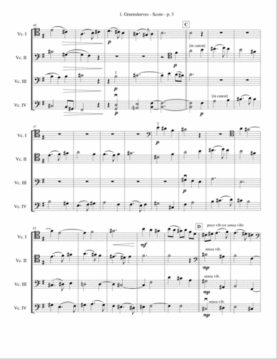 Greensleeves CELLO quartet - ADVANCED String Quartet scores gallery preview page 3