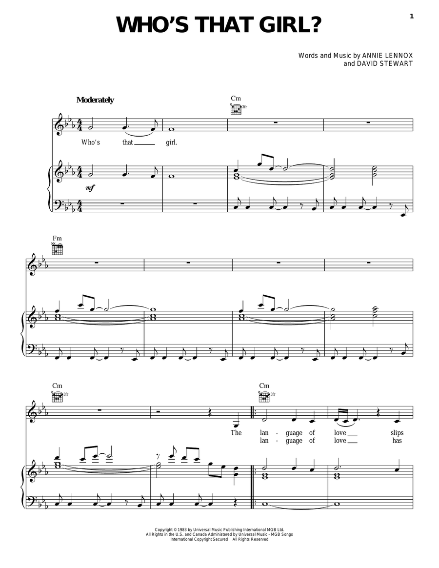Who's That Girl? Piano, Vocal, Guitar scores gallery preview page 1