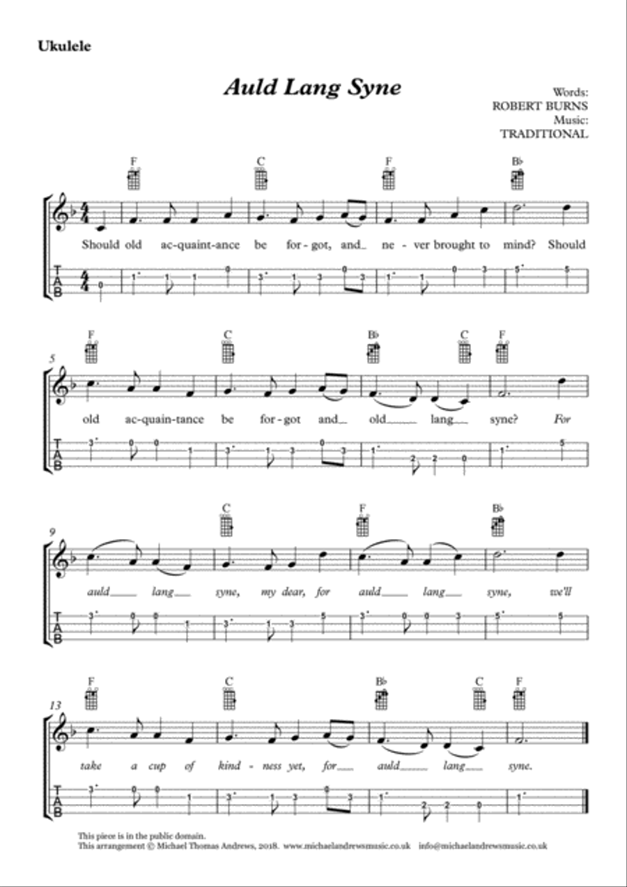 Auld Lang Syne (for Ukulele with TAB) Ukulele scores gallery preview page 1
