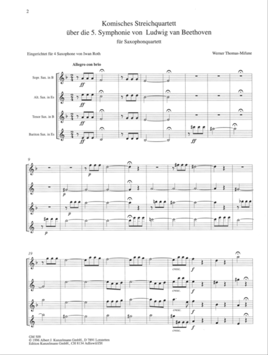 Comic String Quartet based on the 5th Symphony by Ludwig Van Beethoven - Arranged for Saxophone Quartet (Score and Parts) Saxophone scores gallery preview page 2