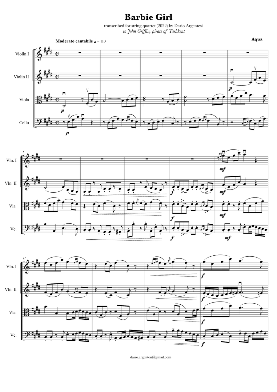 Barbie Girl String Quartet scores gallery preview page 1