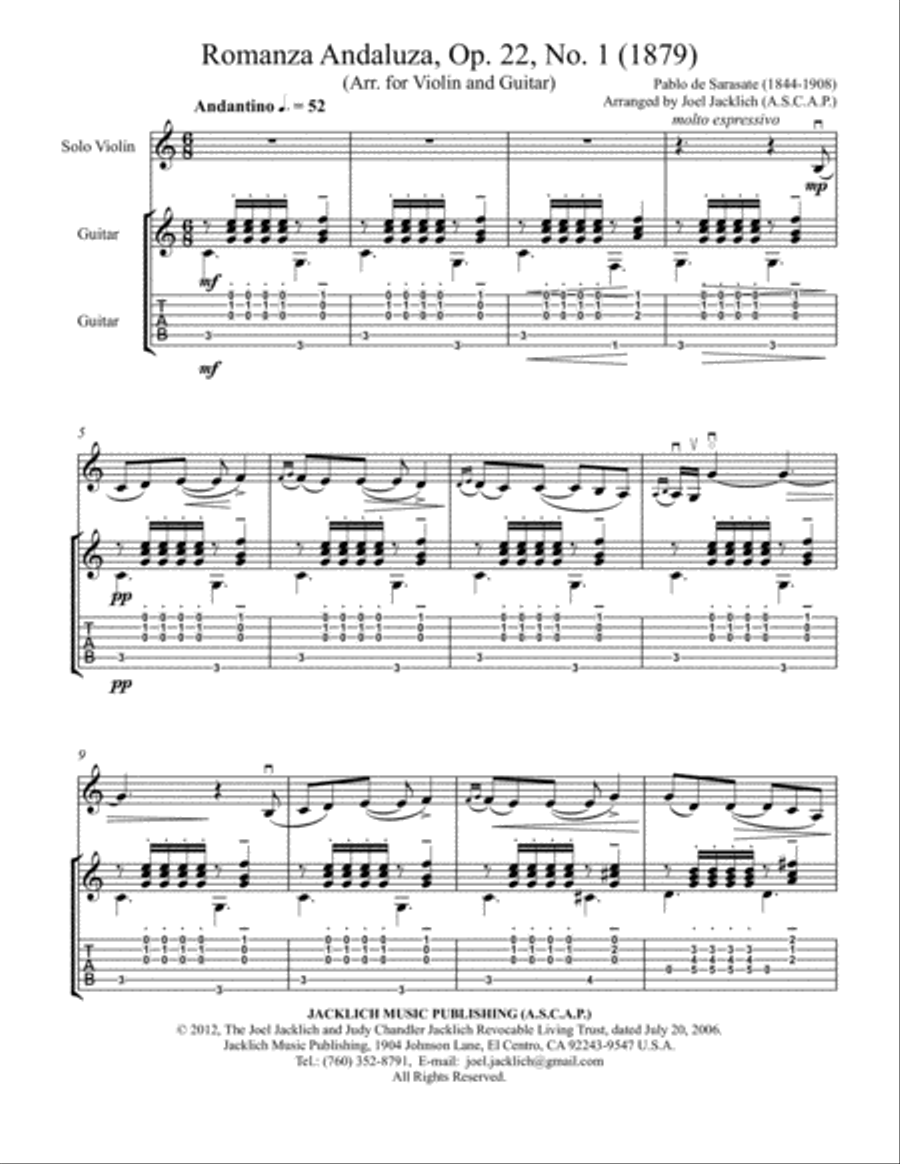 Romanza Andaluza, Op. 22, No. 1 for Solo Violin and Guitar String Duet scores gallery preview page 2