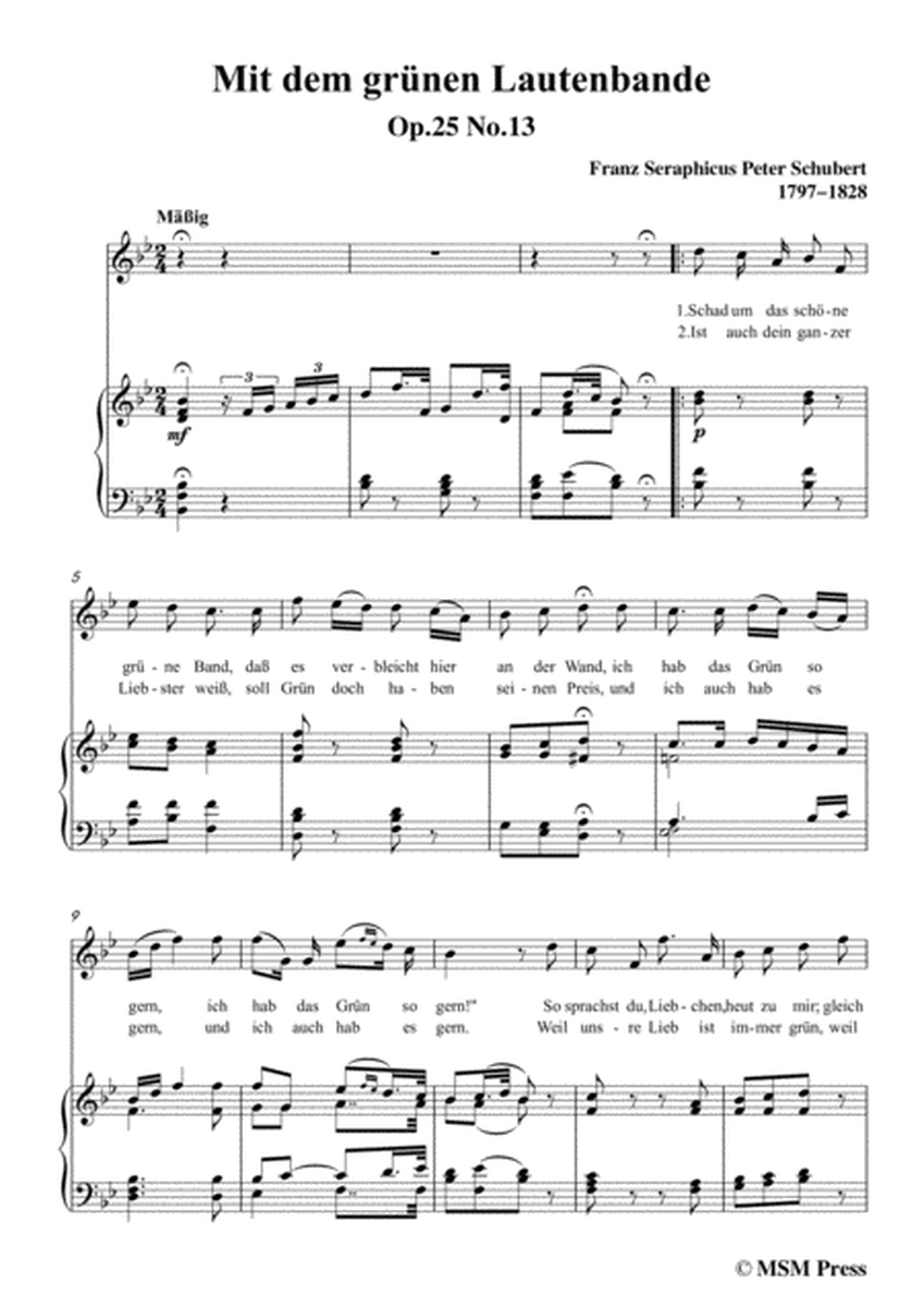 Schubert-Mit dem grünen Lautenbande,Op.25 No.13,in B flat Major,for Voice&Piano image number null
