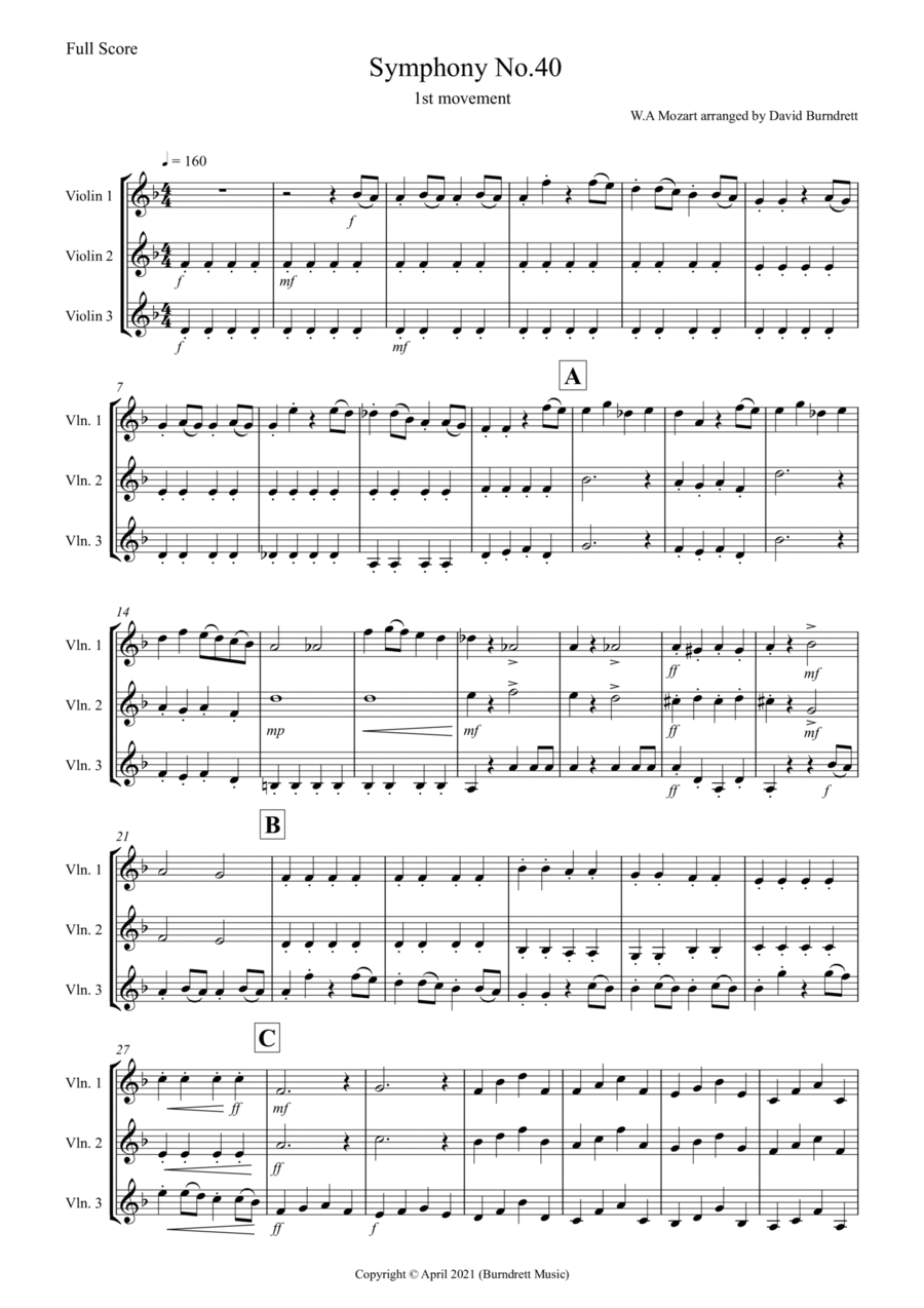 Symphony no.40 (1st Movement) for Violin Trio Violin Solo scores gallery preview page 1