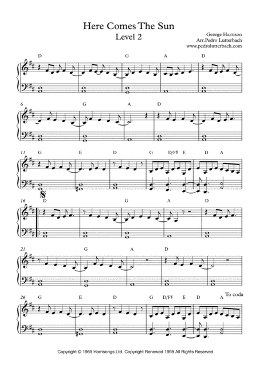 Here Comes The Sun Easy Piano scores gallery preview page 1