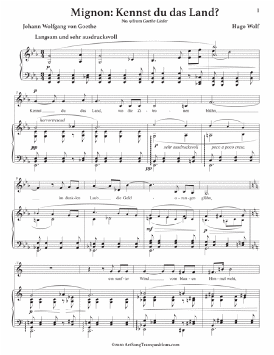 WOLF: Mignon: Kennst du das Land? (transposed to E-flat major) Voice scores gallery preview page 2