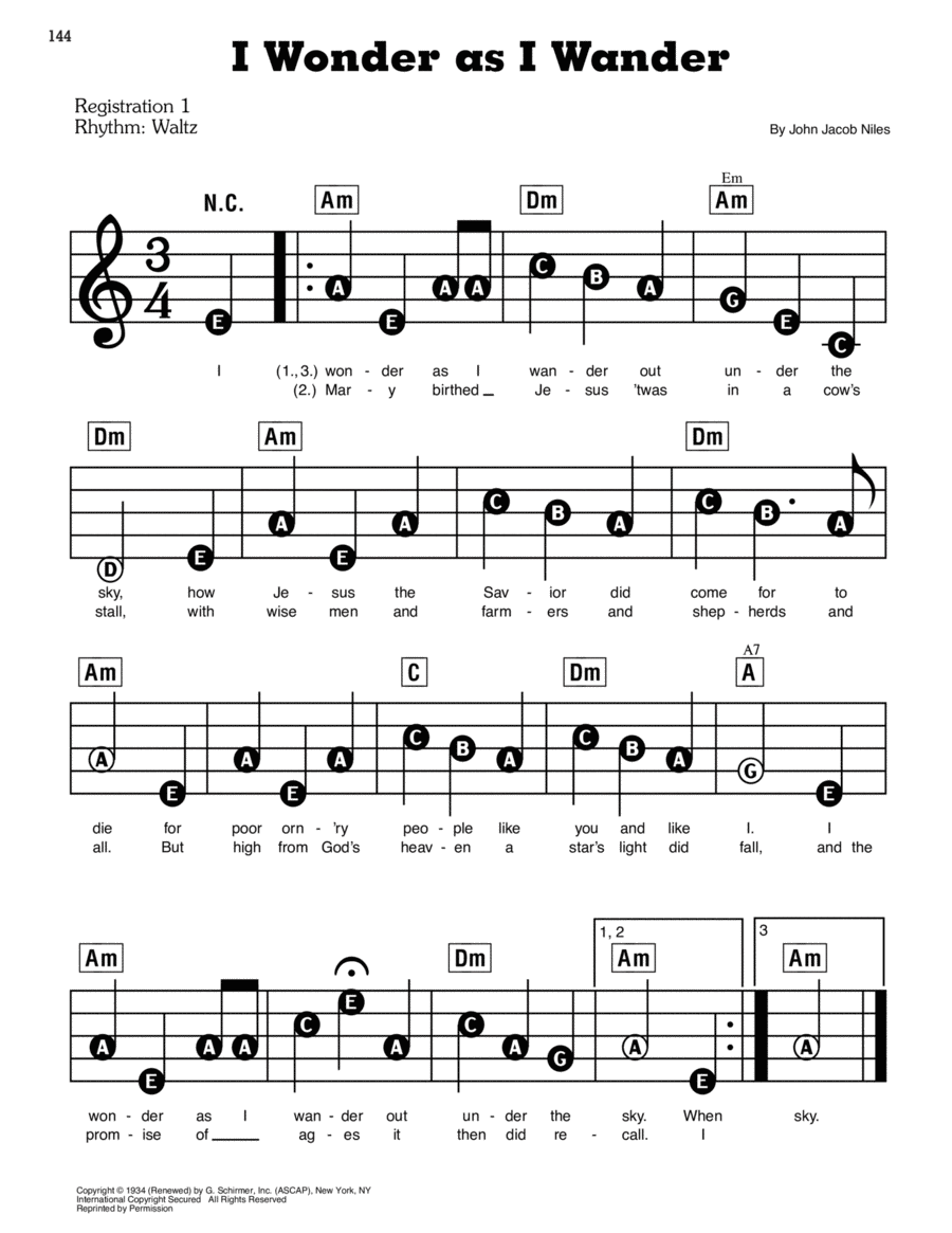 I Wonder As I Wander Electronic Keyboard scores gallery preview page 1
