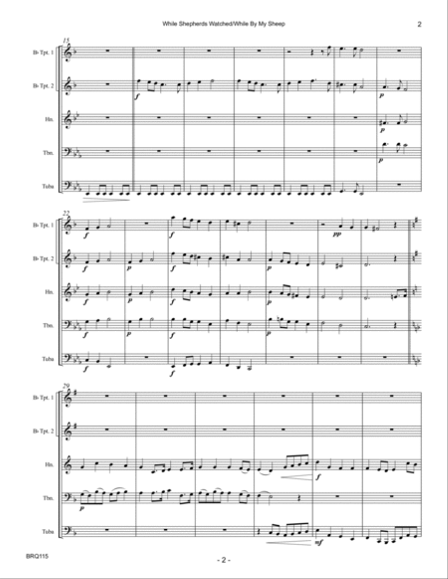 WHILE SHEPHERDS WATCHED THEIR FLOCKS with WHILE BY MY SHEEP - BRASS QUINTET (unaccompanied) Brass Quintet scores gallery preview page 2