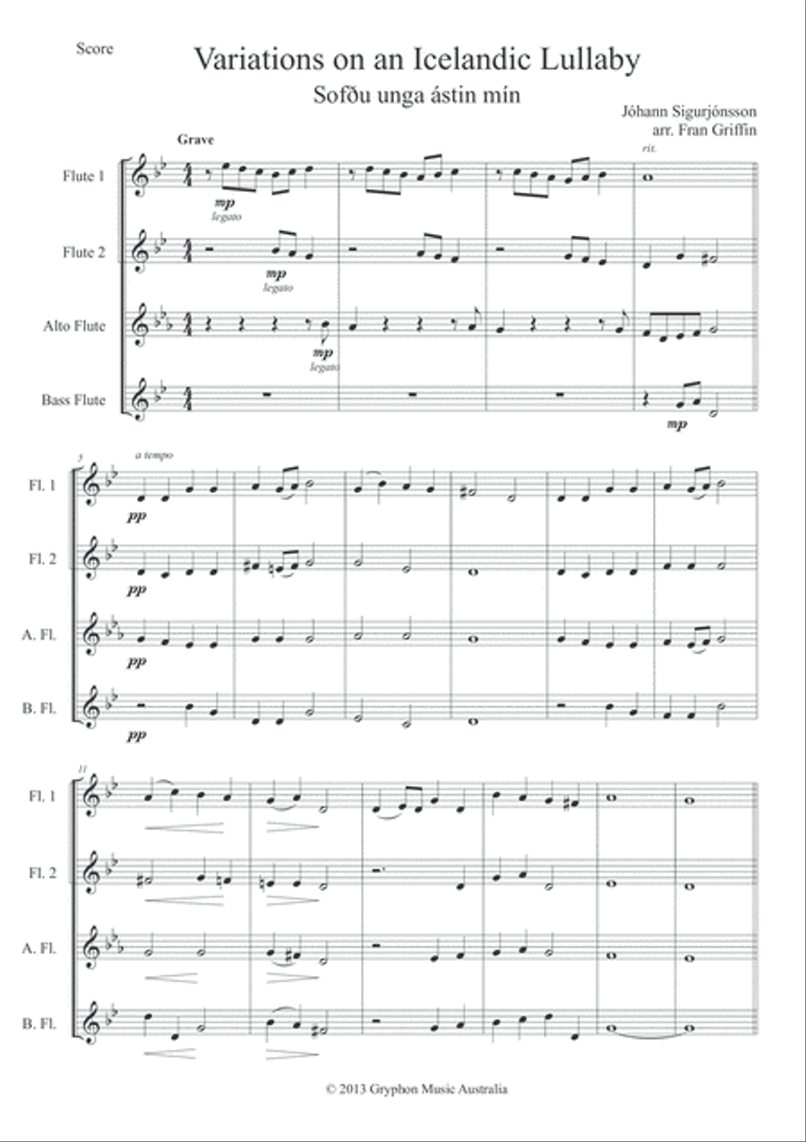Variations on an Icelandic Lullaby (Sofðu unga ástin mín) for Flute Quartet Flute Quartet scores gallery preview page 3