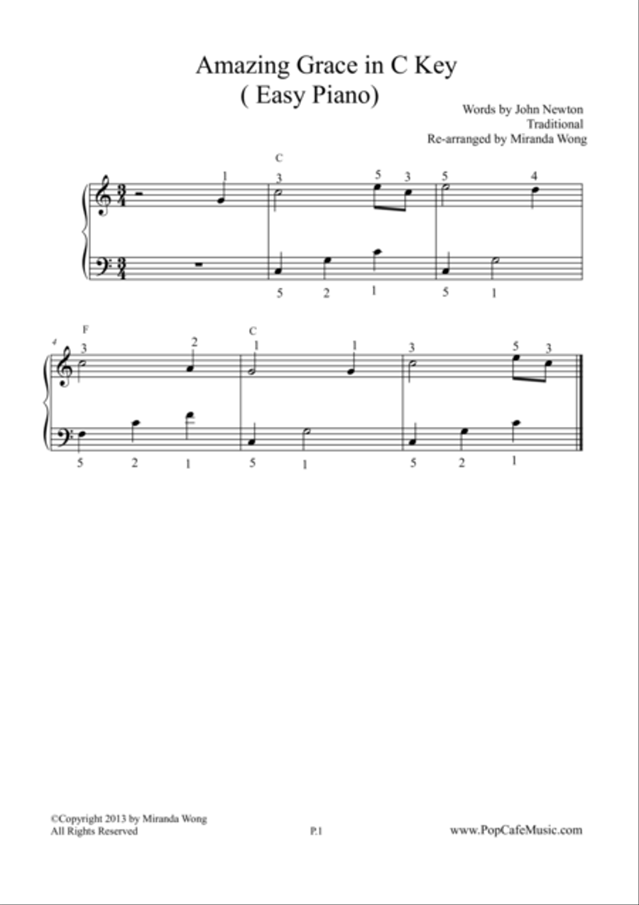 Amazing Grace in C Key - Easy Piano 4-Part scores gallery preview page 1