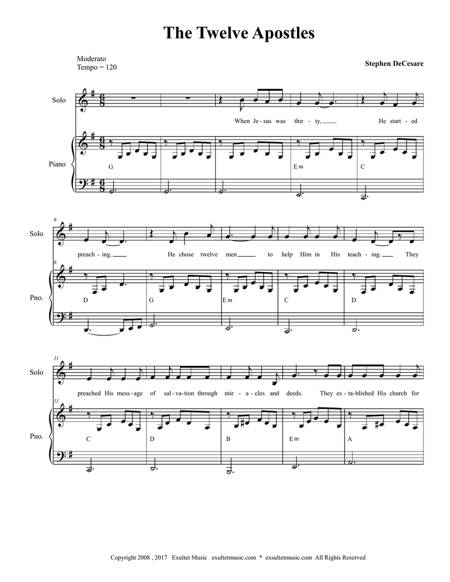 The Twelve Apostles (Vocal solo with Unison choir) Unison Choir scores gallery preview page 1