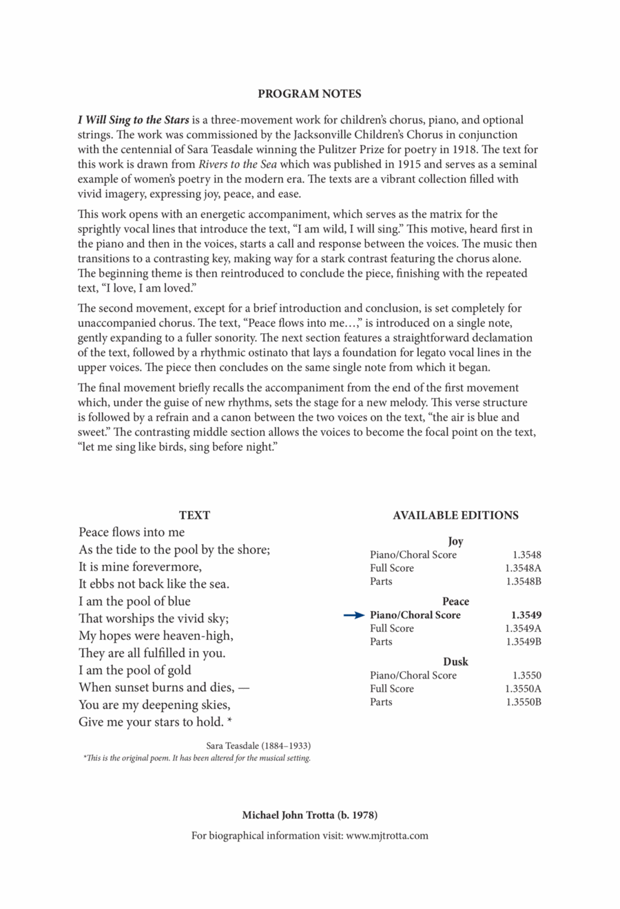 Peace from I Will Sing to the Stars SSAA scores gallery preview page 1