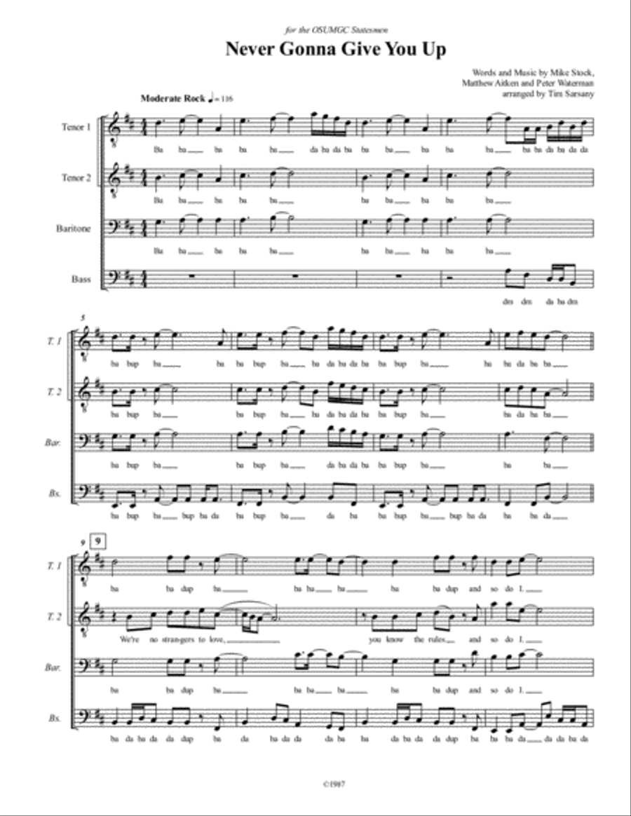Never Gonna Give You Up TTBB scores gallery preview page 1